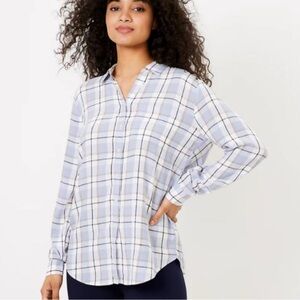 LOFT Plaid Tunic Shirt in White/ Blue Size XS